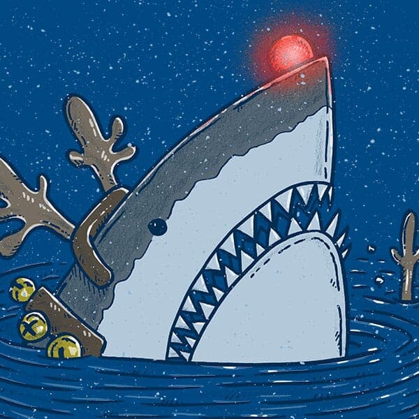 A shark with reindeer antlers and a red nose peeks out of the water during a snowfall.