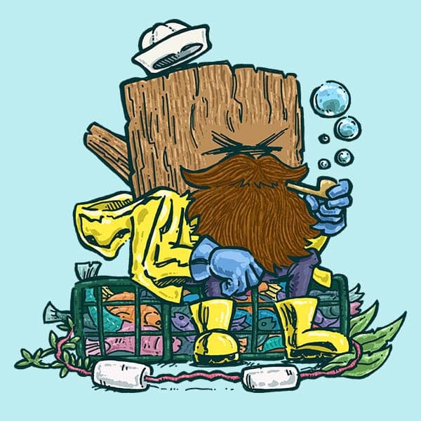 An old salty sea log takes a breather over a bountiful catch of fresh fish while taking the edge off his time at sea with some fun bubbles!