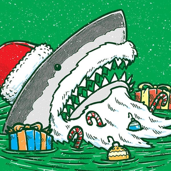 A shark dressed like Santa Claus emerges from the water with presents and candy.
