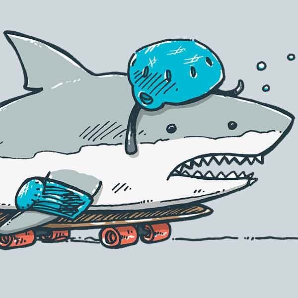 A shark is out of water and bodying a skateboard while wearing a helmet