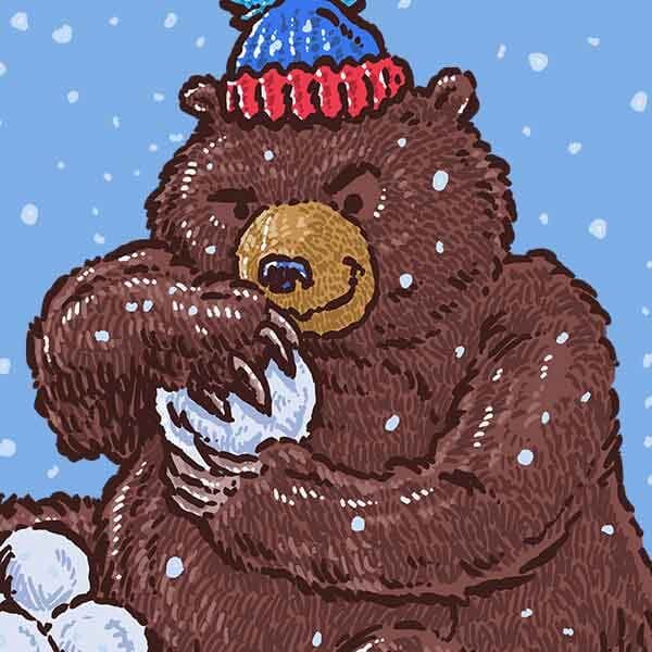 A large bear in a red and blue stocking cap is packing up snowballs for a snowball fight!