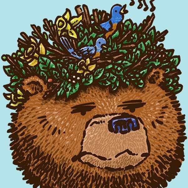 A large grizzly bear appears to be super annoyed to wake up from its hibernation to find a sweet Spring-themed hat on his head built by the local birds.