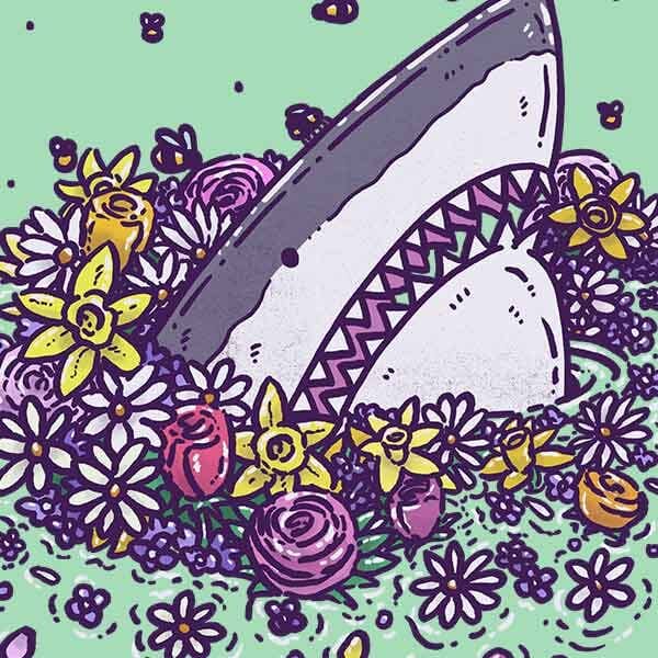 A shark pops up out of the water into a bouquet of spring flowers and a few bees.