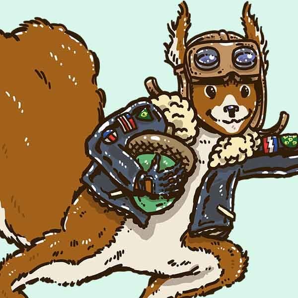 A heroic squirrel in a bomber jacket and leather goggle hat runs with an acorn in tow like it's a football running back!