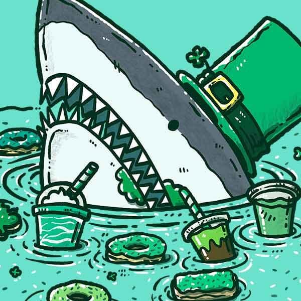 A shark dressed in festive St Patrick's Day attire enjoys donuts, sweets and festive drinks to celebrate the holiday.
