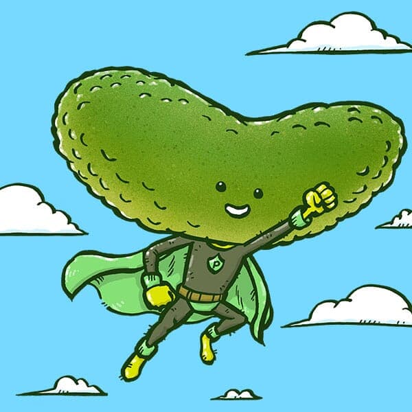 A super hero pickle flies through the sky.