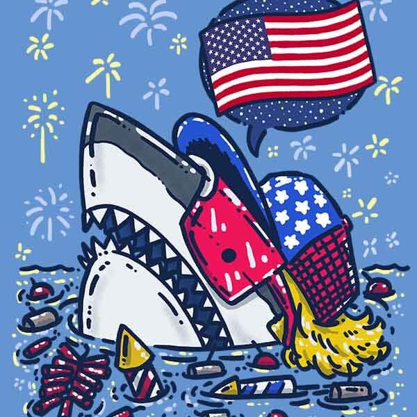 A patriotic shark peeks out of the water, surrounded by unlit fireworks, sporting a blonde mullet and red sunglasses as fireworks go off in the background.