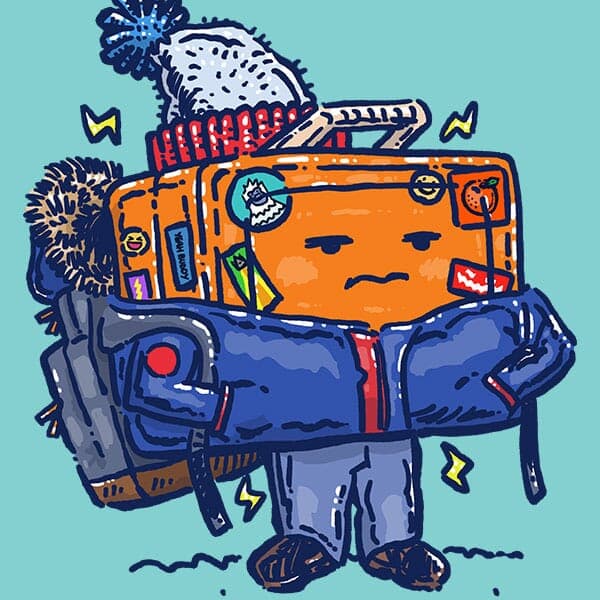 A less than enthusiastic robot lunchpail is bundled up in a winter coat and stocking cap while waiting for the bus in cold weather.