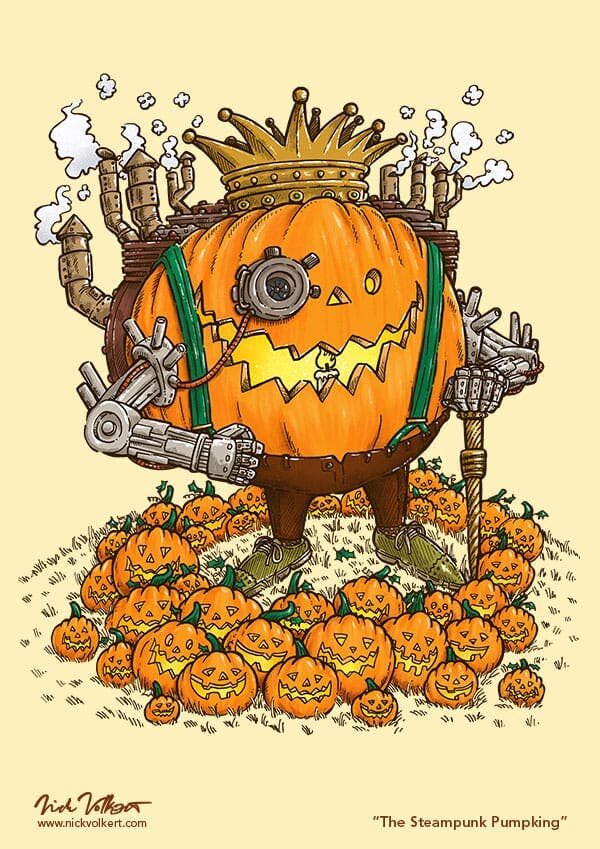 A pumpkin powered by steam has robotic arms and stands over an assortment of jack o' lanterns.