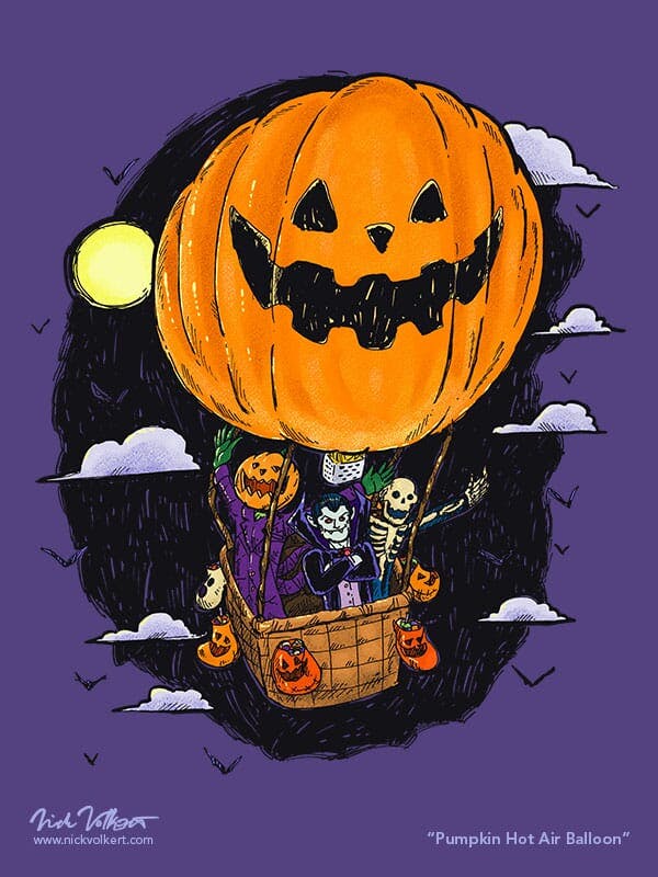 A spooky group of Halloween characters hicthing a ride at night in a hot air balloon with a pumpkin print.