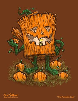 A log carved as a pumpkin is holding a pumpkin in his hand.