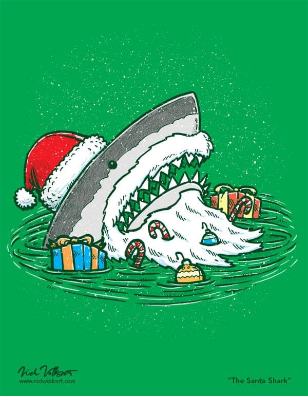 A shark dressed like Santa Claus emerges from the water with presents and candy.