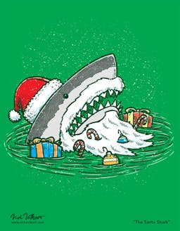 A shark dressed like Santa Claus emerges from the water with presents and candy.