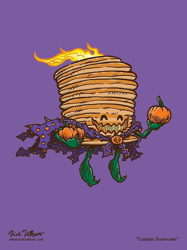 A spooky version of Captain Pancake that is flying by with a couple of pumpkins in tow and a pumpkin pattern cape