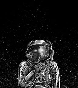 A woman in a space suit going hush as the stars and vaccum of space rests behind her.