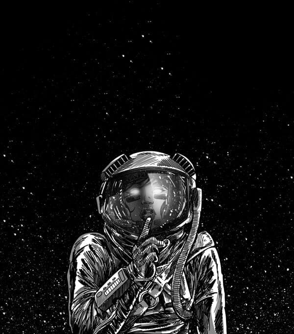 A woman in a space suit going hush as the stars and vaccum of space rests behind her.