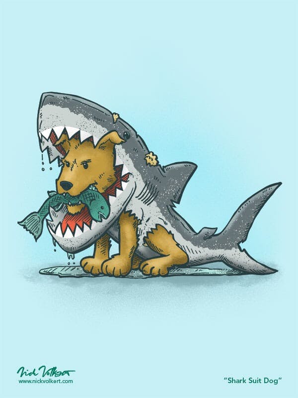 A small dog wearing a wet shark costume catches a fish.