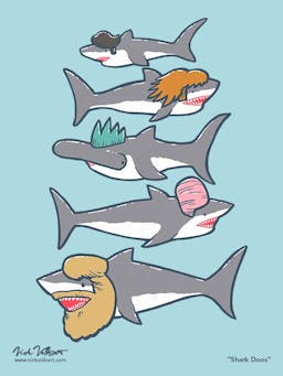 A collection of sharks with various haircuts.