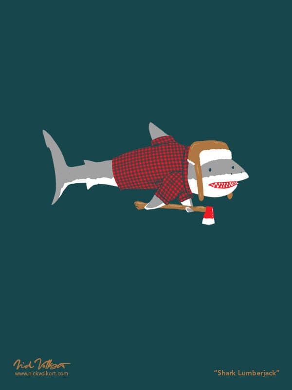 An isolated shark dressed as a lumberjack holding an axe.