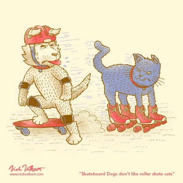 A dog and cat share sneers as they pass on rollerskates and a skateboard.