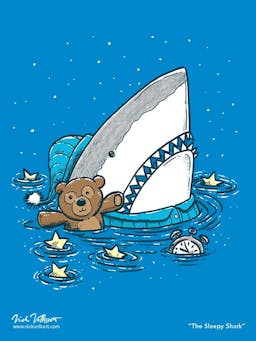 A shark in water with his teddy, pajamas; surrounded by stars floating in the water