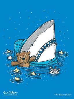 A shark in water with his teddy, pajamas; surrounded by stars floating in the water