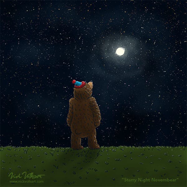 A bear looks up at a full moon during a starry night.