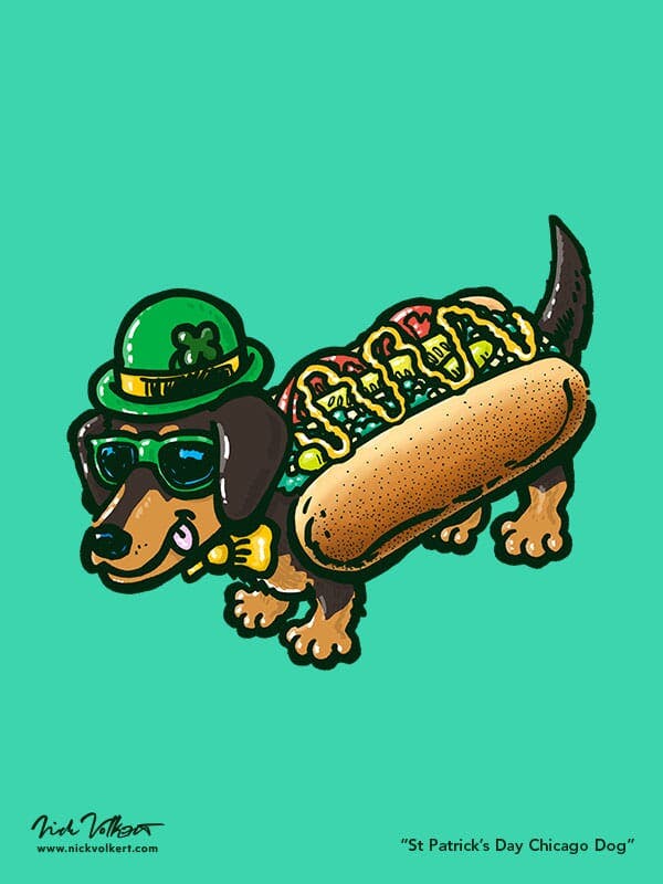 A Chicago Dog is dressed in green for St Patrick's Day.
