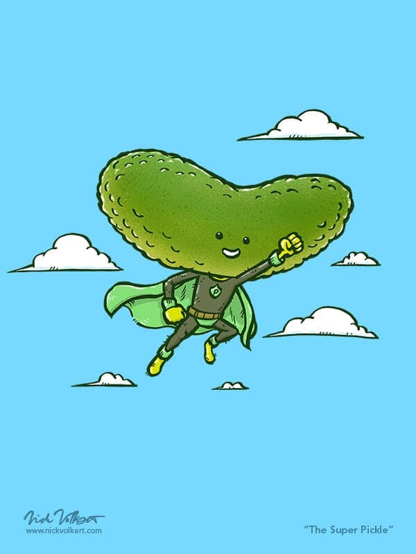 A super hero pickle flies through the sky.