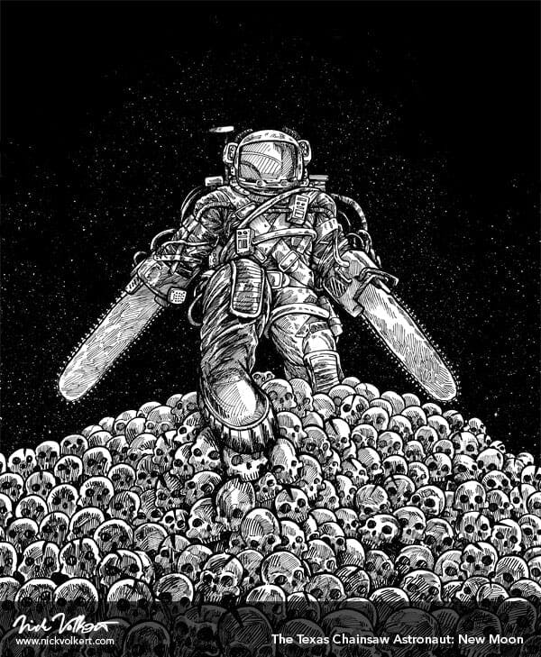 An astronaut with chainsaws for arms steps over a large pile of skulls.