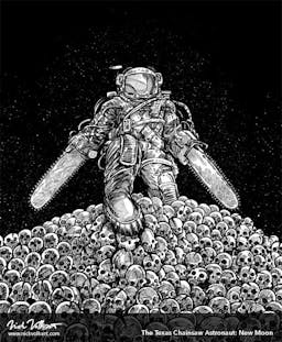 An astronaut with chainsaws for arms steps over a large pile of skulls.