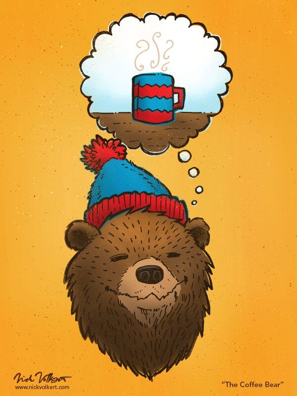 A bear in a stocking cap is dreaming of hot coffee.