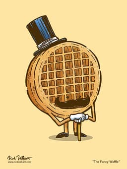 A waffle dressed up in formal wear attending breakfast. Also has a sweet mustache.