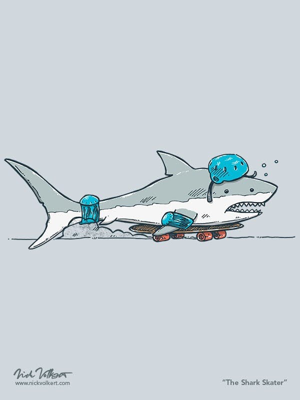 A shark is out of water and bodying a skateboard while wearing a helmet