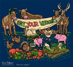 A group of farm animals holding a sign for your to eat your veggies instead of them!