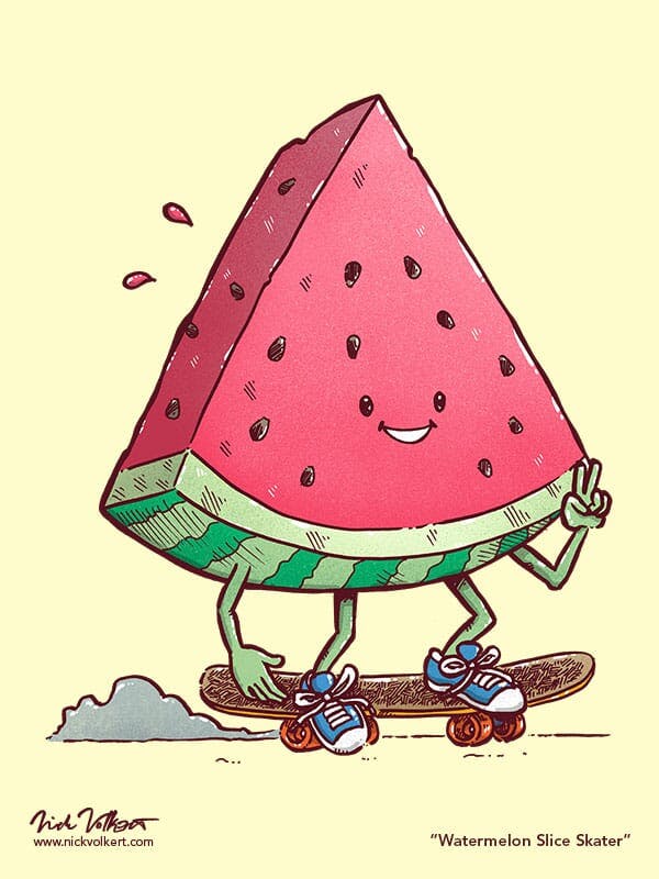 A triangle-shaped slice of a watermelon cruises on a skateboard while showing a peace sign