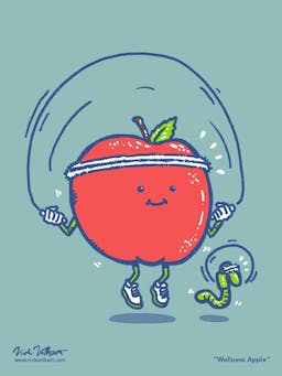 An apple and its worm do jumpropes together.