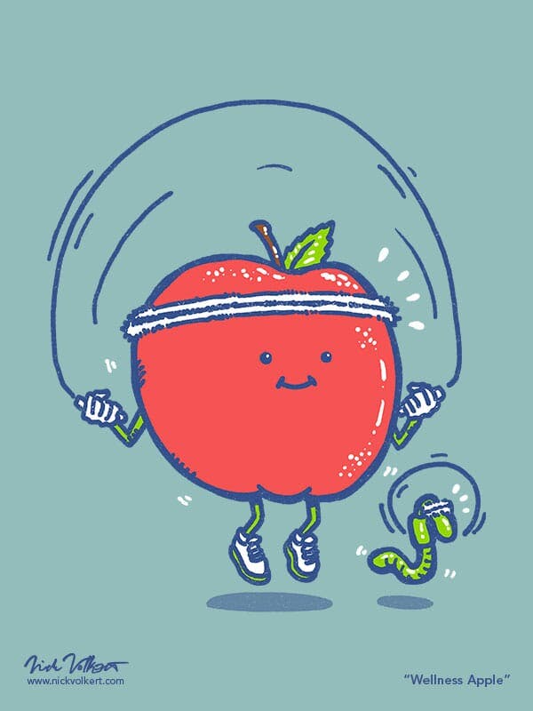 An apple and its worm do jumpropes together.