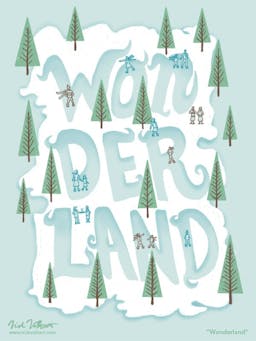 A group of people enjoy a small ice skating park that the ice is in the text 'wonderland', surrounded by pine trees.