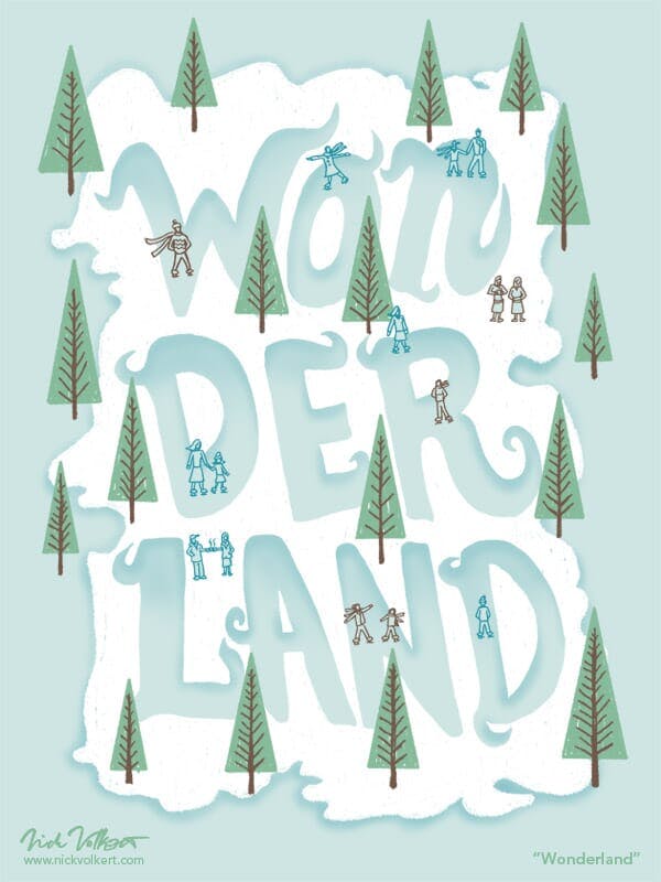 A group of people enjoy a small ice skating park that the ice is in the text 'wonderland', surrounded by pine trees.