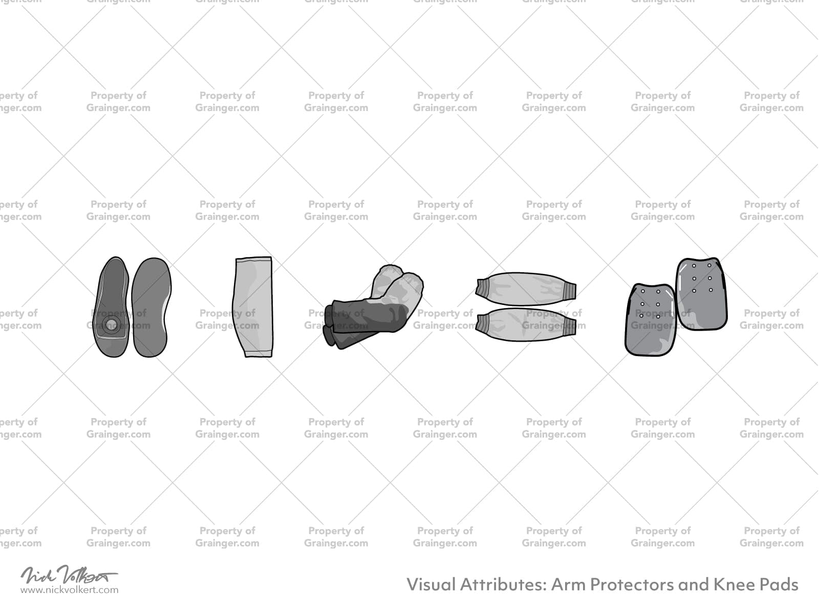 A selection of technical line art drawings in grayscale of knee pads and arm protectors as a search and browse graphic for Grainger dot com.