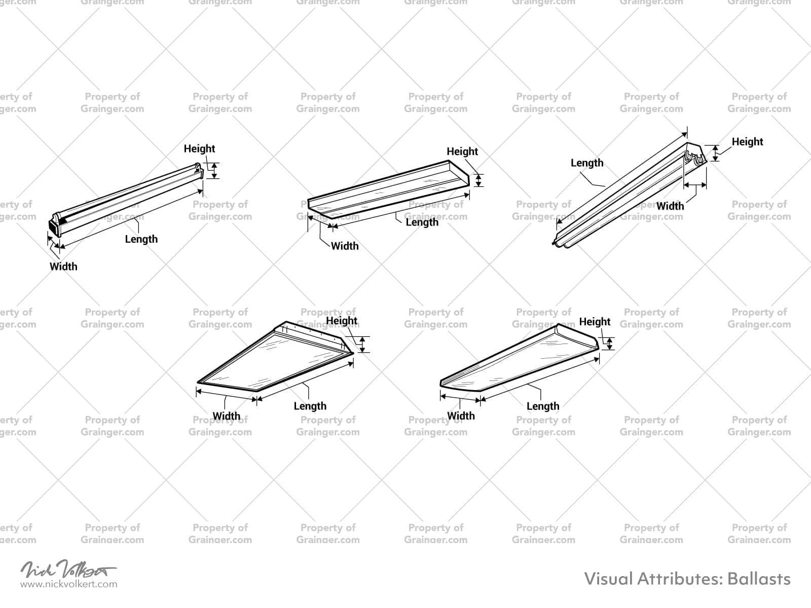 A selection of technical line art drawings in black and white of light ballasts illustrating their dimensions as a search and browse graphic for Grainger.