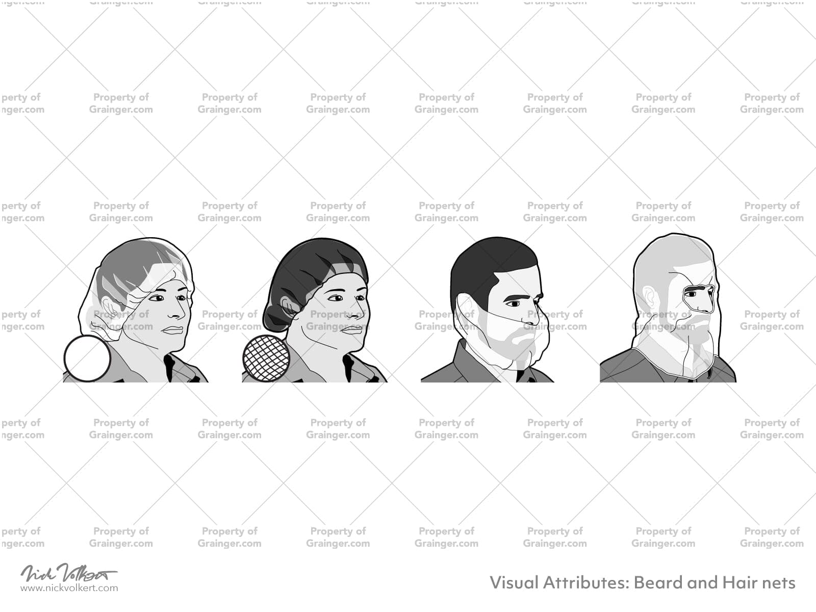 A selection of line art drawings in grayscale of beard and hair nets as a search and browse graphic for Grainger.
