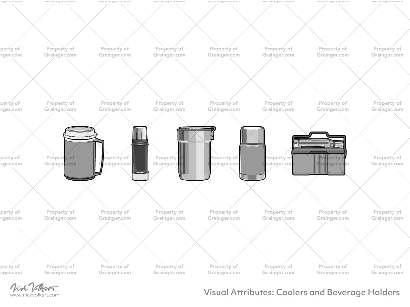 A selection of line art drawings in grayscale of a group of beverage holders and coolers as a search and browse graphic for Grainger.