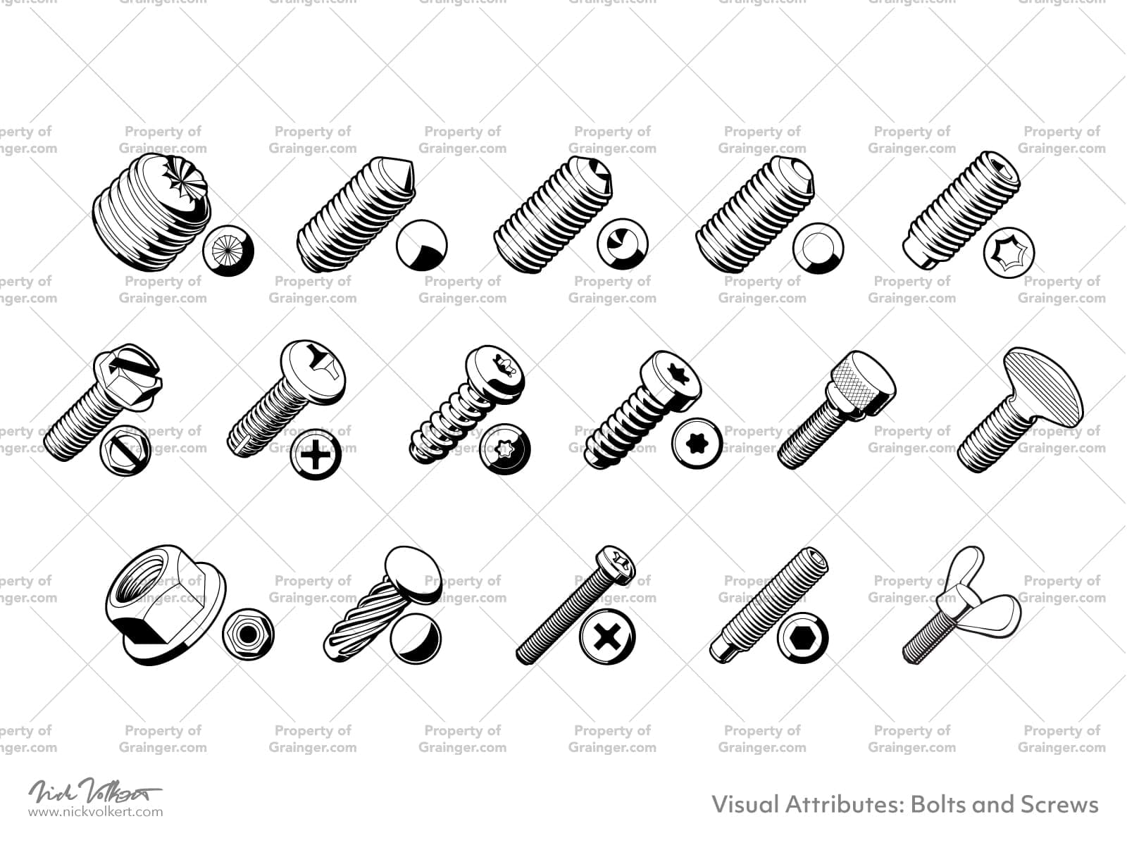 A selection of technical line art drawings of a variety of bolts and screws with different head types as a search and browse graphic for Grainger dot com.