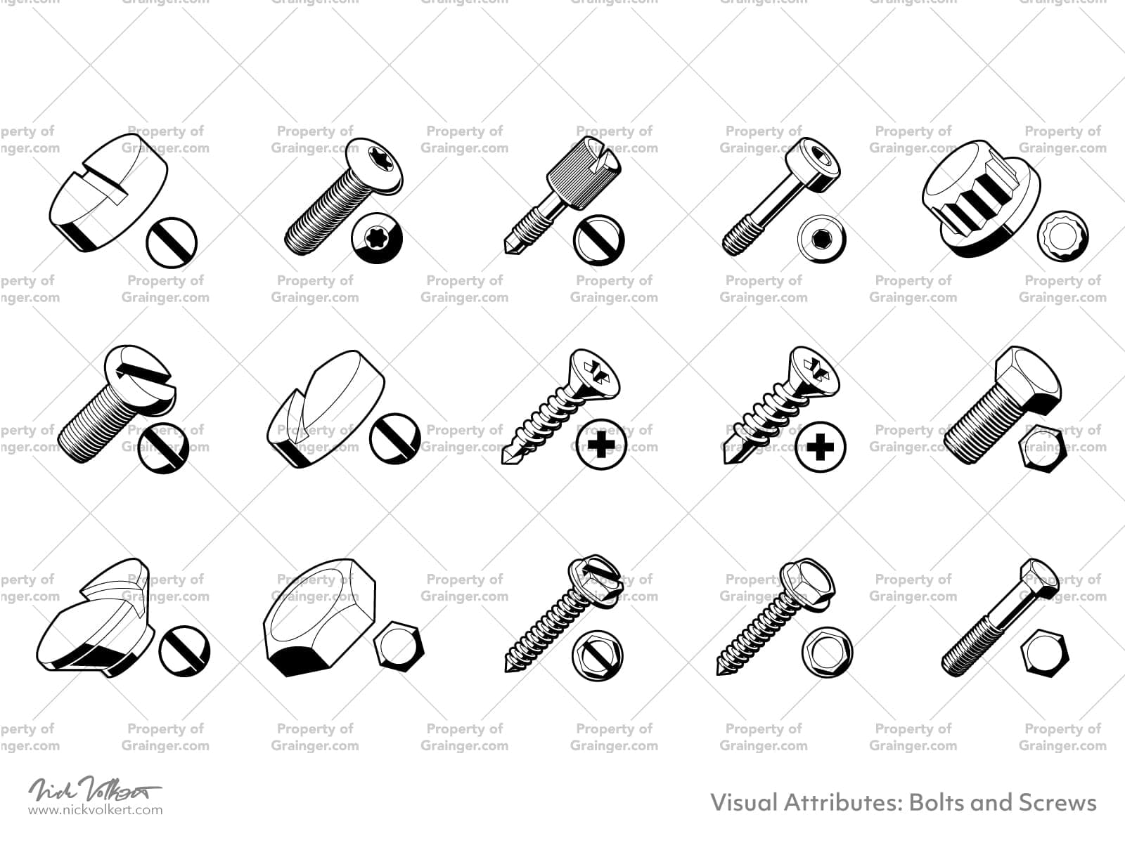 A selection of technical line art drawings of a variety of bolts and screws as a visual categorical search and browse graphic for Grainger dot com.