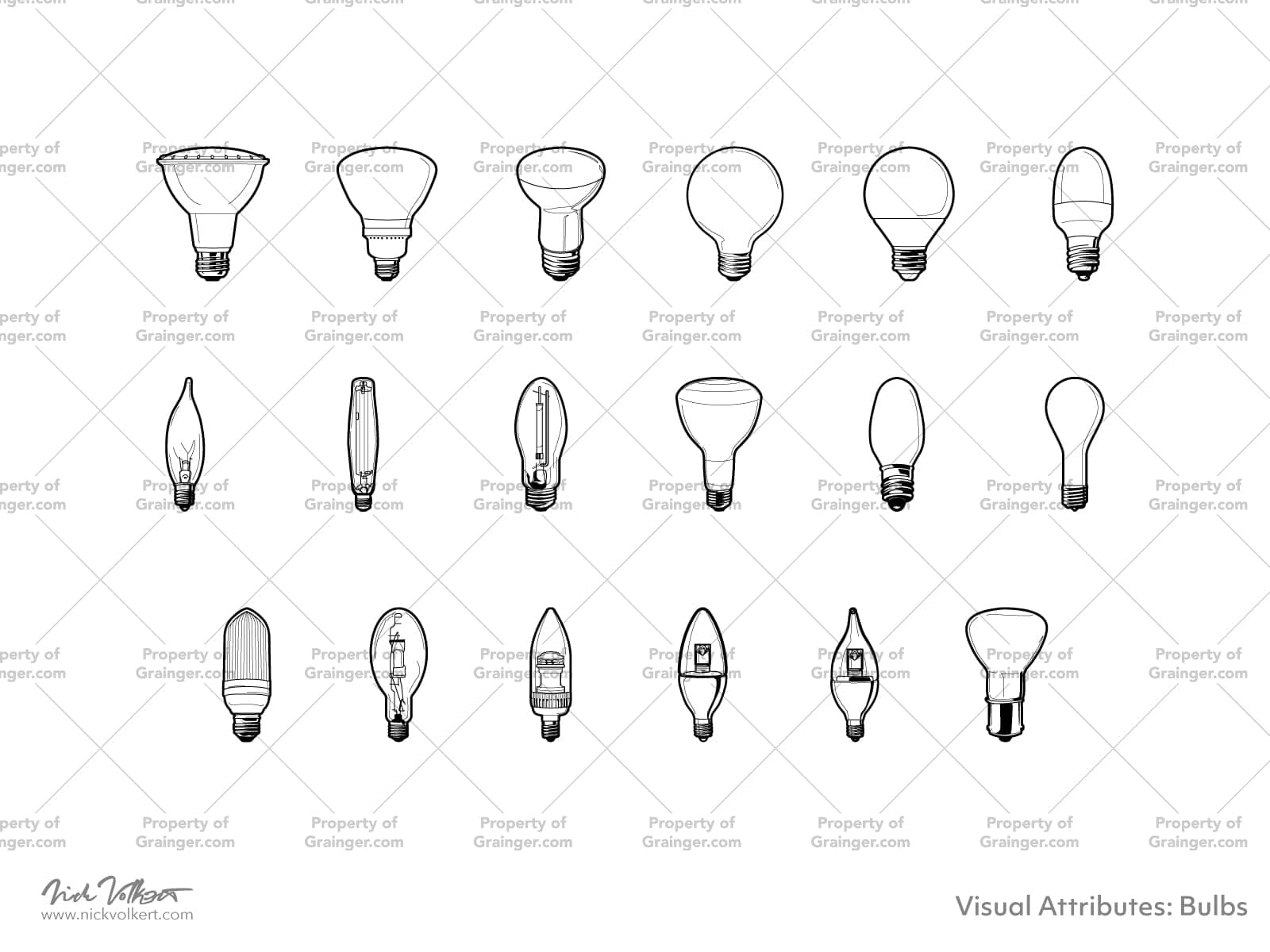 A selection of technical line art drawings of a variety of interior type light bulbs as a search and browse graphic for Grainger dot com.