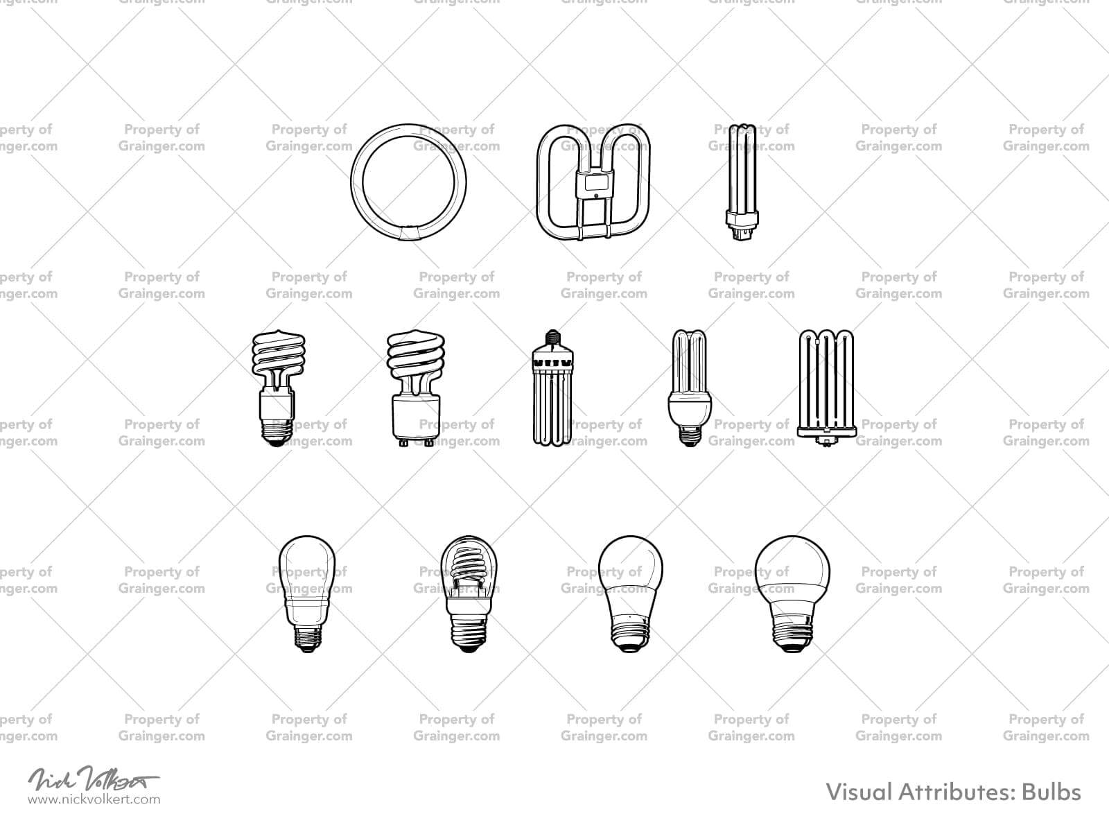 A selection of technical line art drawings of a variety of LED-type light bulbs as a search and browse graphic for Grainger dot com.