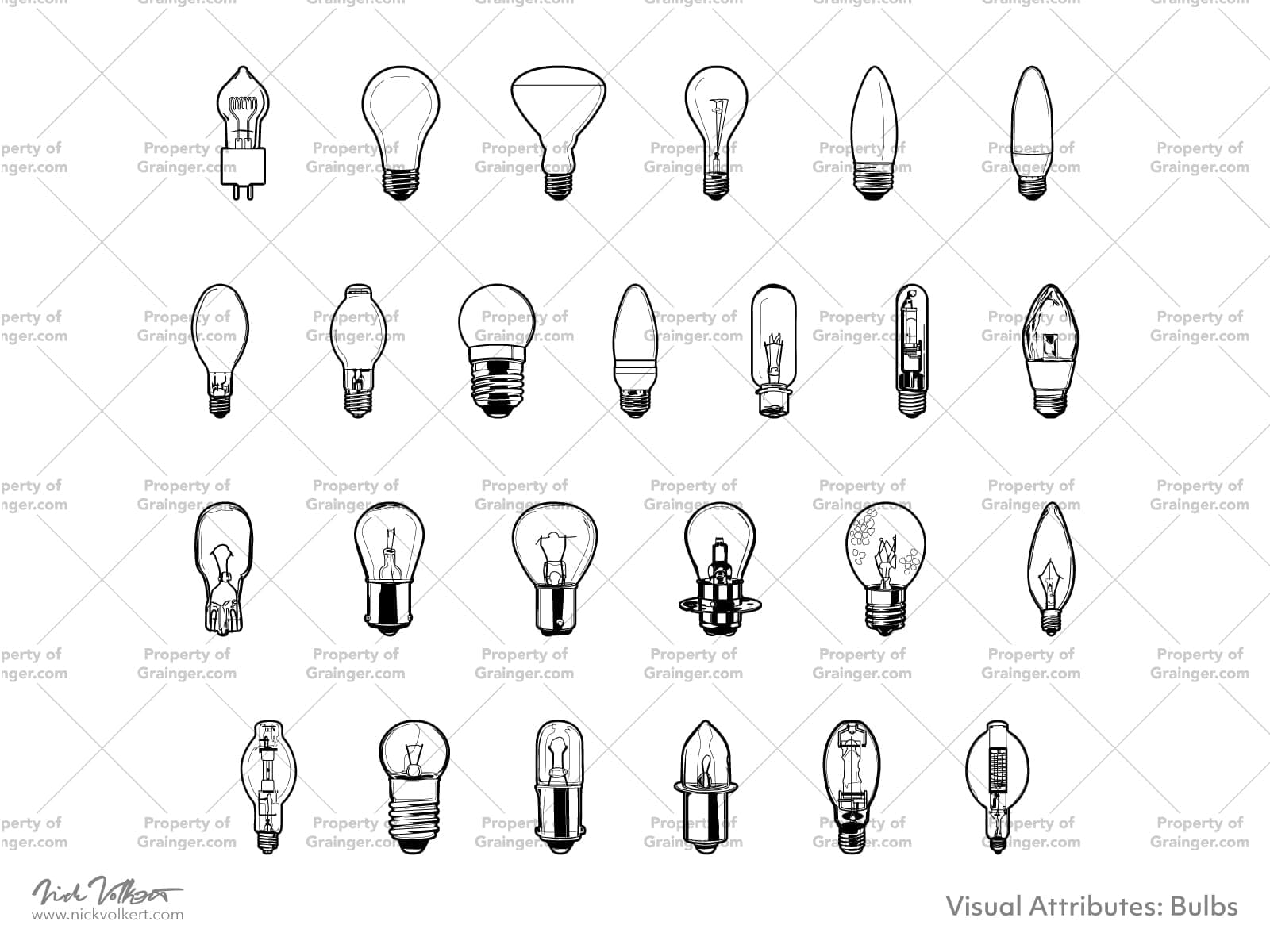 A selection of technical line art drawings of a smaller type device light bulbs as a search and browse graphic for Grainger dot com.
