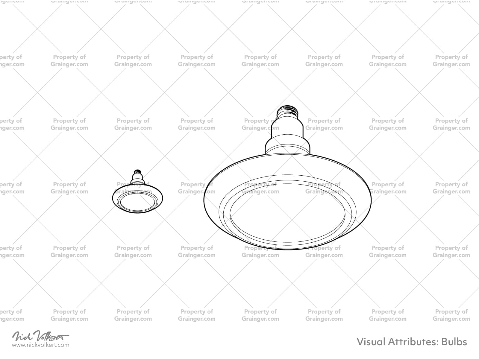 A selection of technical line art drawings of a single flat headed light bulb at different scales as a search and browse graphic for Grainger dot com.